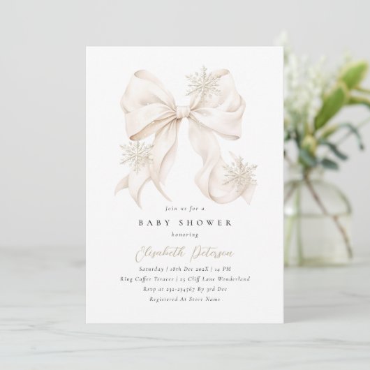 Winter Beige Bow Baby Shower Invitation 招待状 (スタンド正面)