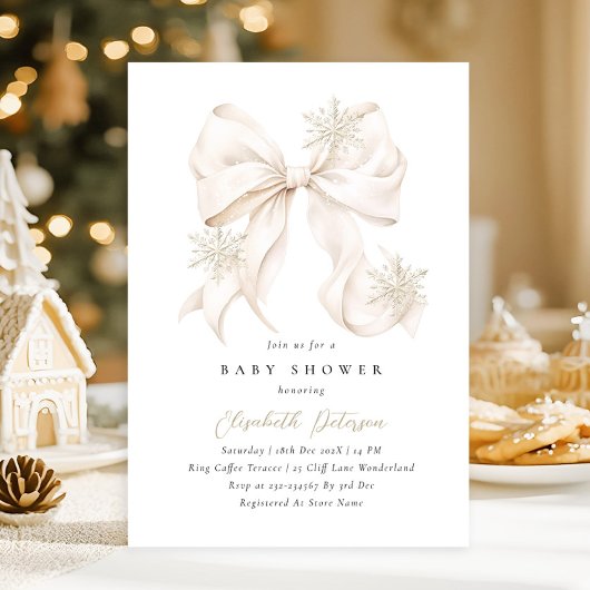Winter Beige Bow Baby Shower Invitation 招待状
