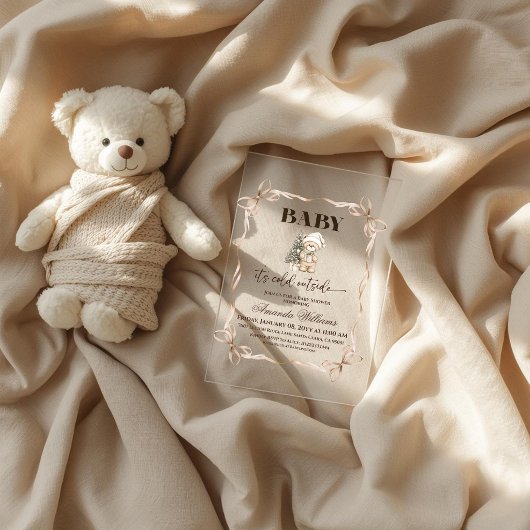 Winter Beige Teddy Bear Christmas Baby Shower アクリル招待状