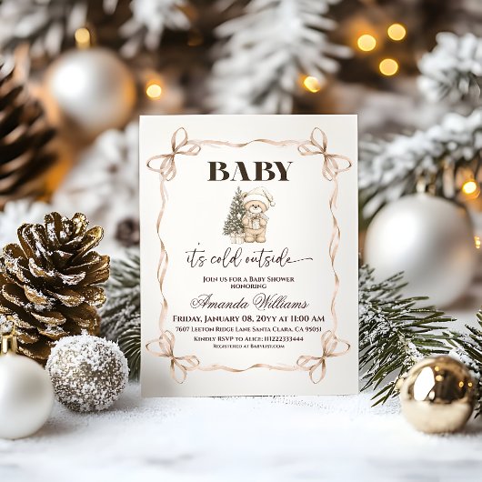 Winter Beige Teddy Bear Christmas Baby Shower 招待状