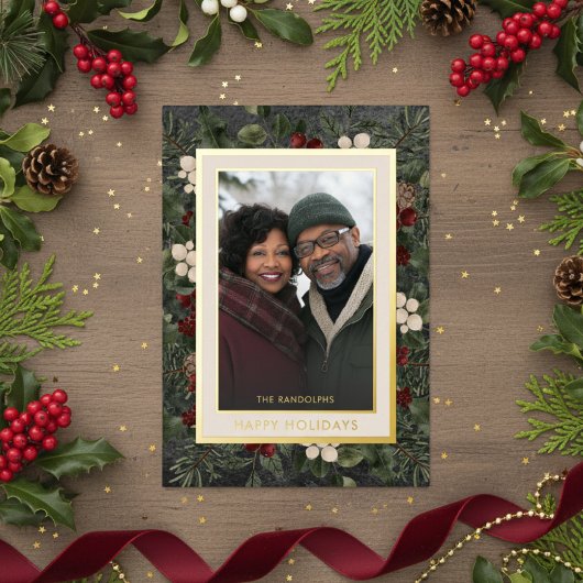 Winter Berries Black Happy Holidays Photo 箔シーズンカード