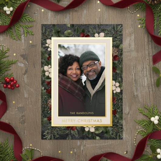 Winter Berries Black Merry Christmas Photo 箔シーズンカード