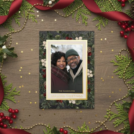 Winter Berries Black Seasons Greetings Photo 箔シーズンカード