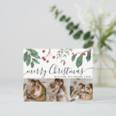 Winter Berries Elegant Script 3Photo Christmas シーズンポストカード (スタンド正面)