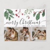 Winter Berries Elegant Script 3Photo Christmas シーズンポストカード (正面)