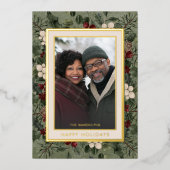 Winter Berries Green Happy Holidays Photo 箔シーズンカード (正面)