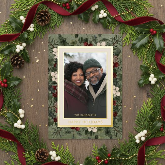 Winter Berries Green Happy Holidays Photo 箔シーズンカード