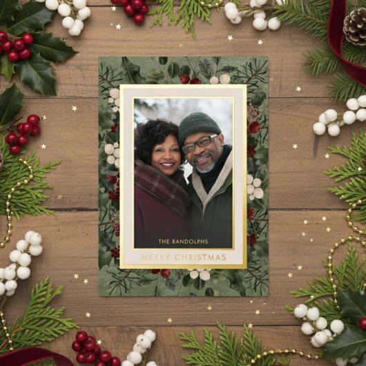 Winter Berries Green Merry Christmas Photo 箔シーズンカード