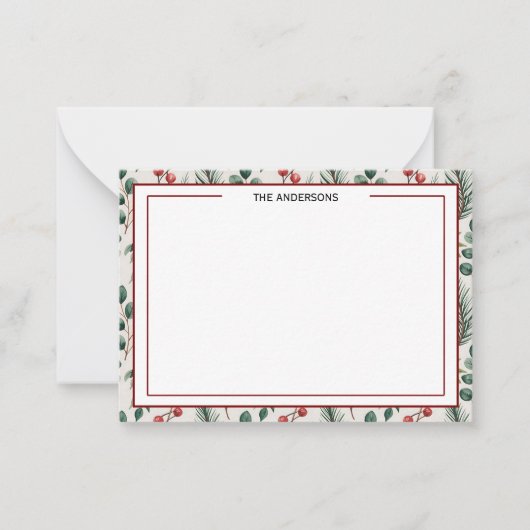 Winter Berries Sage Checkered Photo Note Card ノートカード (正面)