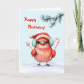 Winter Birthday Cute Bird in Santa Hat with Candy カード (正面)
