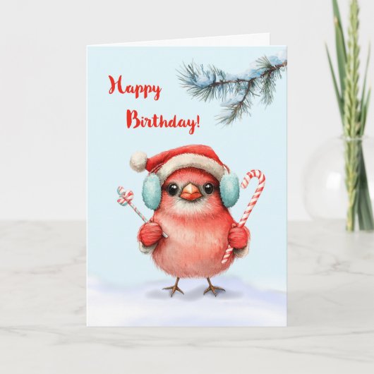 Winter Birthday Cute Bird in Santa Hat with Candy カード (正面)