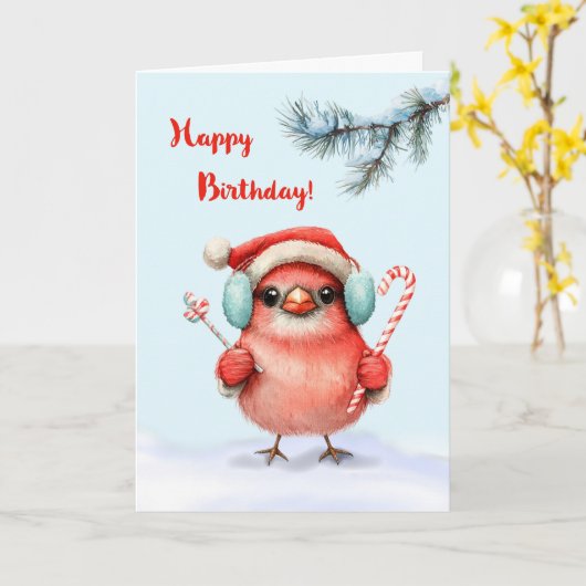 Winter Birthday Cute Bird in Santa Hat with Candy カード (黄色い花)