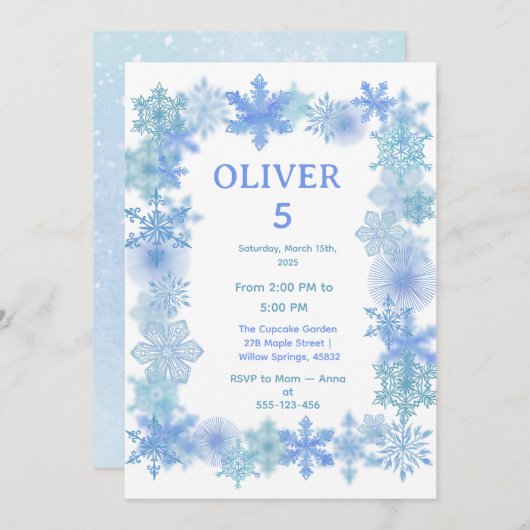 Winter Birthday Invitation, Minimalist Snowflake  招待状 (正面/裏面)