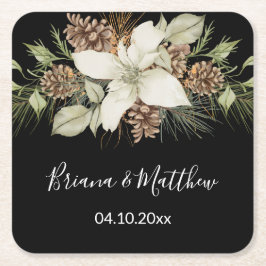 Winter Black and White エレガント Script結婚's スクエアペーパーコースター