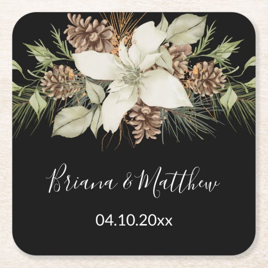 Winter Black and White エレガント Script結婚's スクエアペーパーコースター (正面)