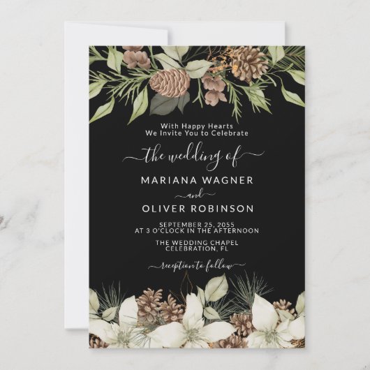 Winter Black and White エレガント Script結婚's 招待状 (正面)