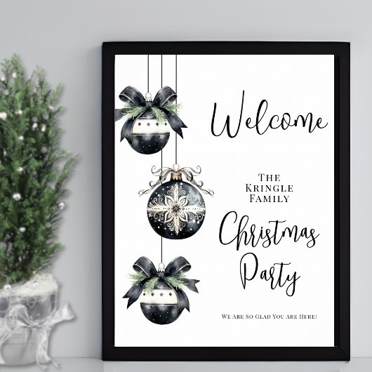 Winter Black White Christmas Party Welcome Sign ポスター