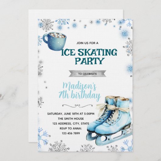 Winter Blue and Silver Skating Invitation 招待状 (正面/裏面)