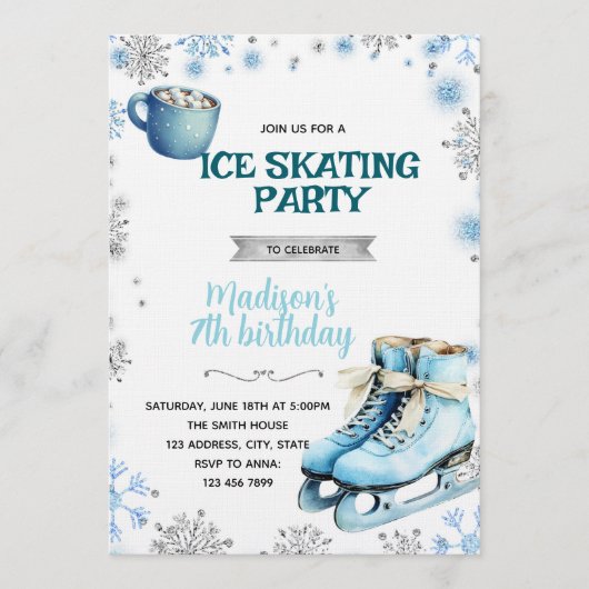 Winter Blue and Silver Skating Invitation 招待状 (正面)