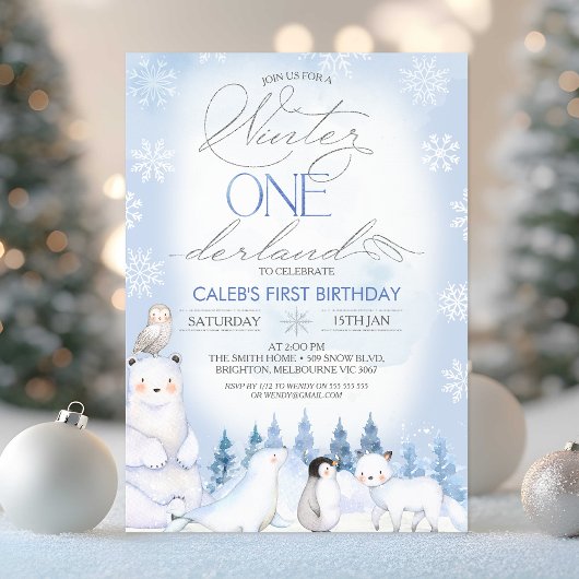 Winter Blue Arctic Animals Onederland 1st Birthday 招待状