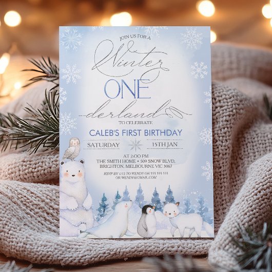 Winter Blue Arctic Animals Onederland 1st Birthday 招待状