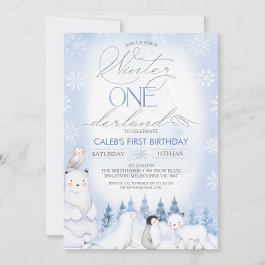 Winter Blue Arctic Animals Onederland 1st Birthday 招待状 (正面)