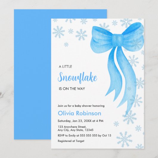 Winter Blue Bow A Little Snowflake Baby Shower 招待状 (正面/裏面)