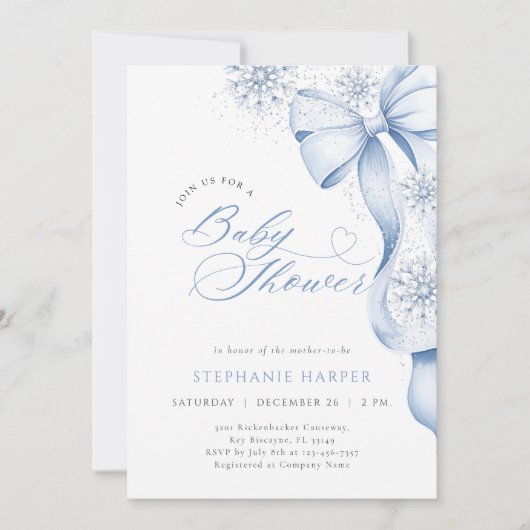 Winter Blue Bow Baby Shower Invitation 招待状 (正面)