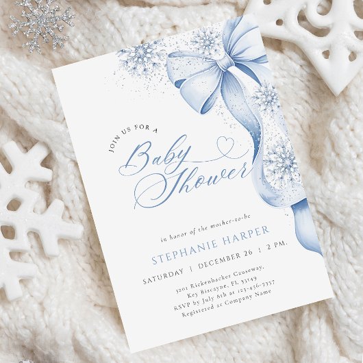 Winter Blue Bow Baby Shower Invitation 招待状