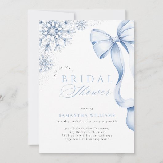 Winter Blue Bow Bridal Shower 招待状 (正面)