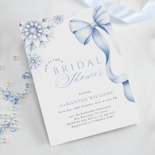 Winter Blue Bow Bridal Shower 招待状
