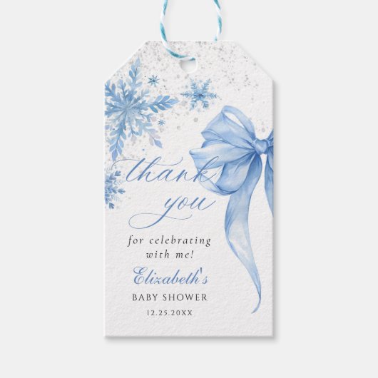 Winter Blue Bow Snowflakes Baby Shower ギフトタグ (正面)