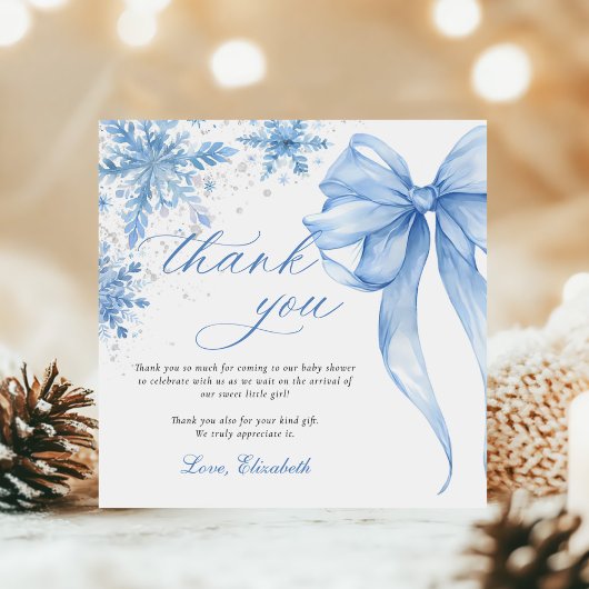 Winter Blue Bow Snowflakes Baby Shower サンキューカード