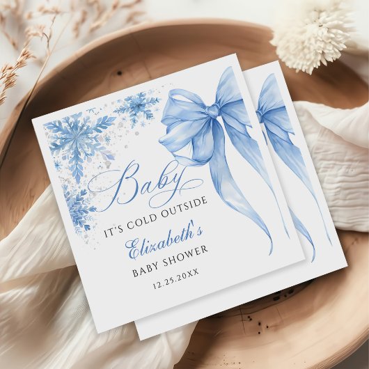 Winter Blue Bow Snowflakes Baby Shower スタンダードカクテルナプキン