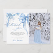 Winter Blue Bow Snowflakes Baby Shower Photo サンキューカード (正面)