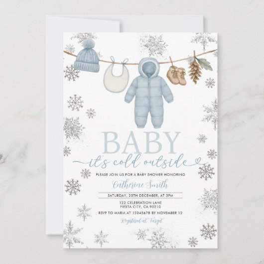 Winter Blue Boy Baby It’s Cold Outside Baby Shower 招待状 (正面)