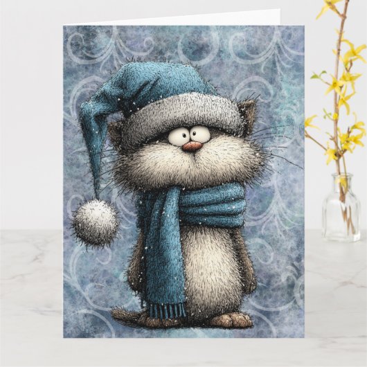 Winter Blue Christmas Cat With Hat And Scarf カード (黄色い花)