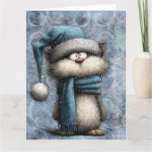 Winter Blue Christmas Cat With Hat And Scarf カード (正面)