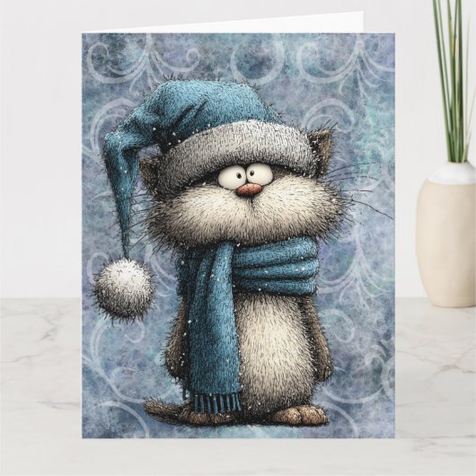 Winter Blue Christmas Cat With Hat And Scarf カード (正面)