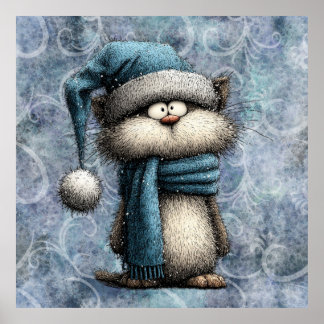 Winter Blue Christmas Cat With Hat And Scarf ポスター
