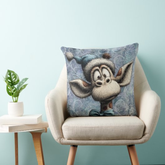 Winter Blue Christmas Cute Giraffe With Hat クッション (椅子)