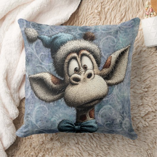 Winter Blue Christmas Cute Giraffe With Hat クッション (ブランケット)