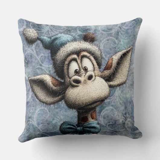 Winter Blue Christmas Cute Giraffe With Hat クッション (裏面)