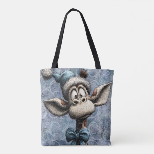 Winter Blue Christmas Cute Giraffe With Hat トートバッグ (裏面)