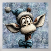 Winter Blue Christmas Cute Giraffe With Hat ポスター (正面)