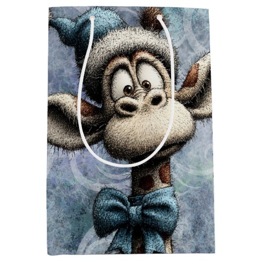 Winter Blue Christmas Cute Giraffe With Hat ミディアムペーパーバッグ (正面)