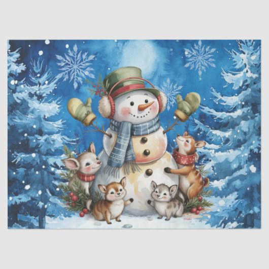 Winter Blue Christmas Snowman & Woodland Animals 薄葉紙 (正面)