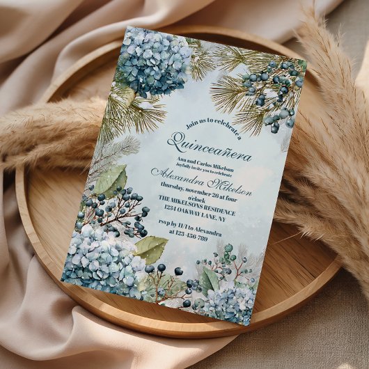 Winter Blue Floral Quinceañera 招待状