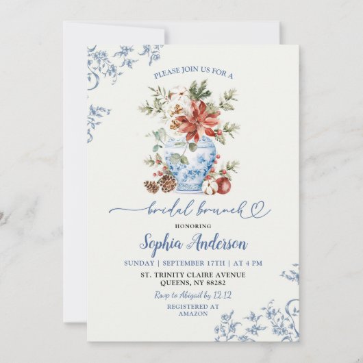 Winter Blue Ginger Jar Chinoiserie Bridal Brunch 招待状 (正面)
