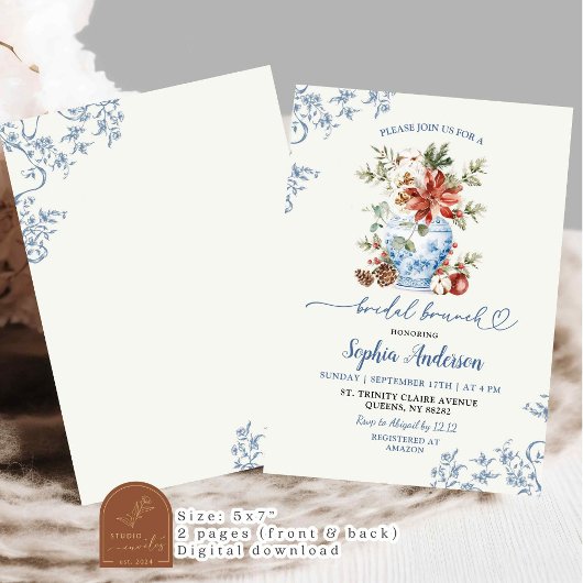 Winter Blue Ginger Jar Chinoiserie Bridal Brunch 招待状